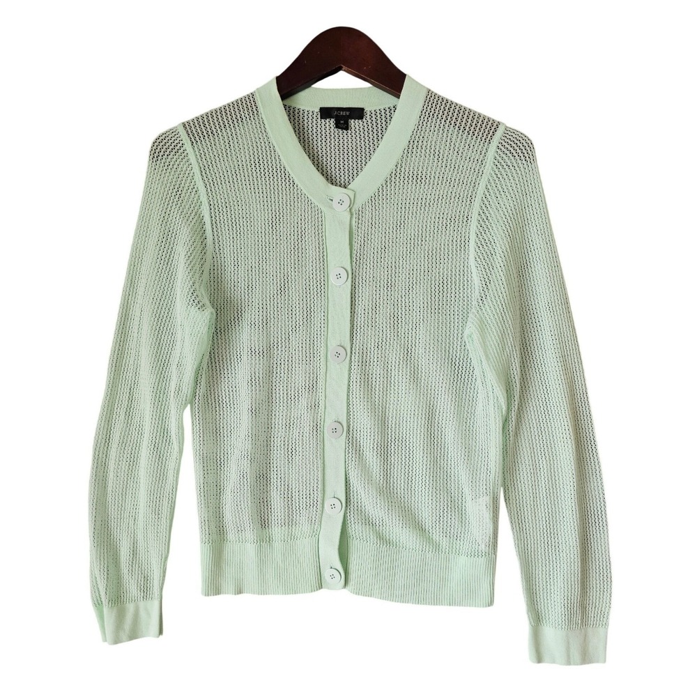 J Crew Pointelle Stitch Mint Green Open Knit Mesh Button Front Cardigan Size M